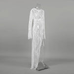 Woman Clothing 2026 O-neck Hollow Out High Slit Long Maxi Lace Dress Black Streetwear Ladies See-through Black T-shirt Dresses