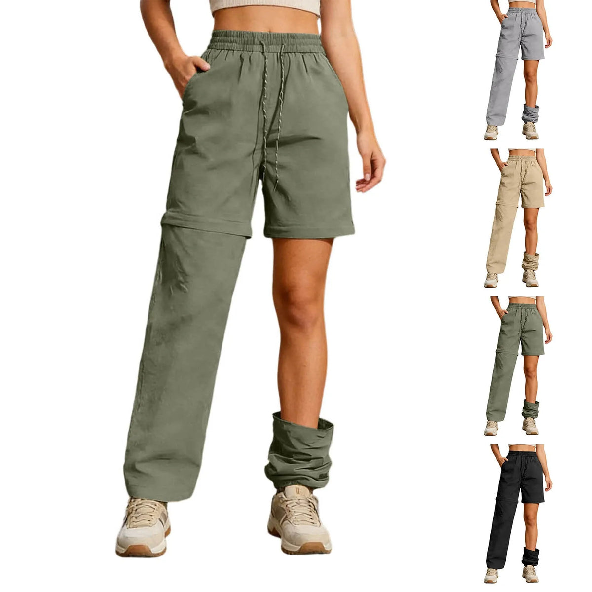 Women's Casual Waterproof Hiking Pants Loose Fit Zip Off Convertible Shorts High Waist Drawstring Wide Leg Pants With Pockets