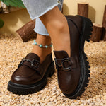 Women Metal Buckle Platform Loafer Shoes Slip On Chunky Lug Sole Round Toe Vintage Preppy Casual Dress Shoes