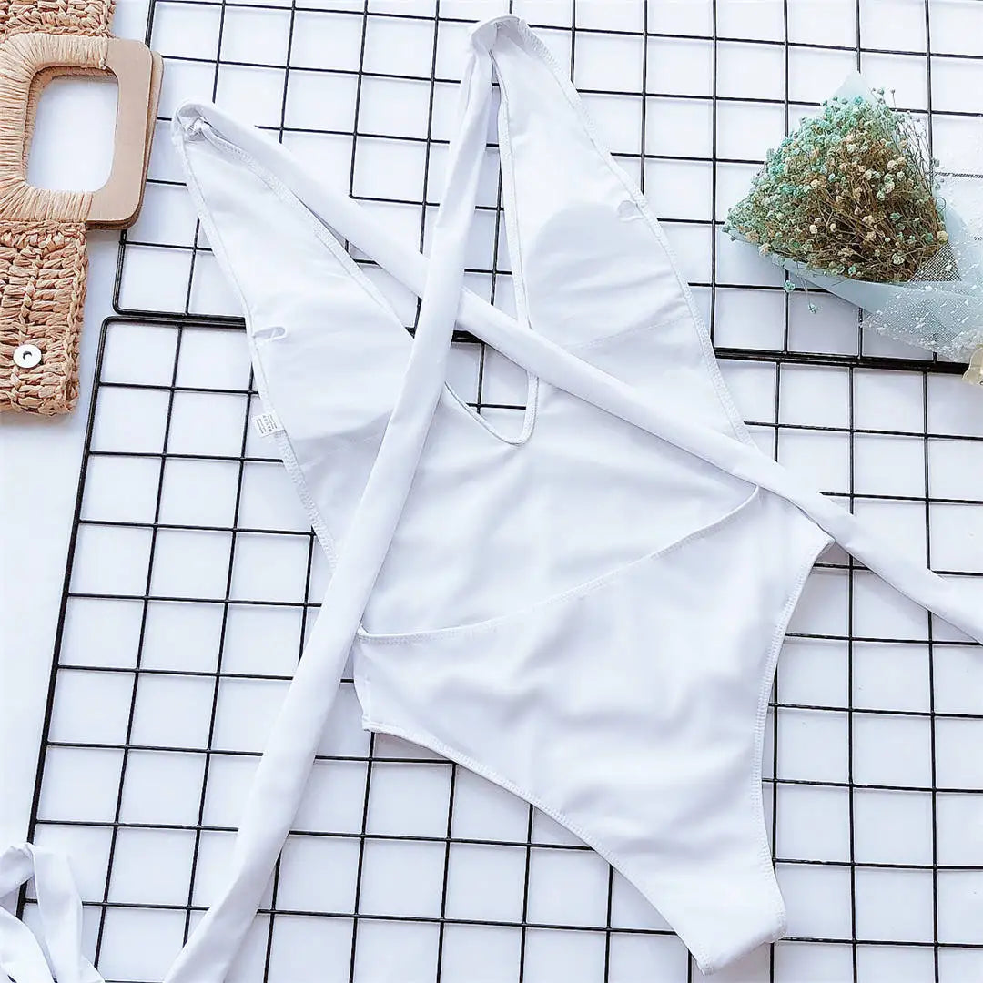 Sexy Wrap Around Bandage Women Swimwear One Piece Swimsuit Female Bather Deep V Neck Bathing Suit Swim Backless Monokini V1639C