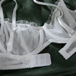 2Pcs Bra & Brief Set for Women Sexy White Ruffle Mesh Perspective Bow Patchwork Bra Bilizna Set Underwear Ultra Thin Intimate