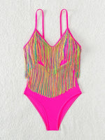 Colorful Tassel One Piece Swimsuit Women Sexy Hot Pink Push Up Tummy Control Swimwear Beach Backless Bathing Suit Monokini 2024