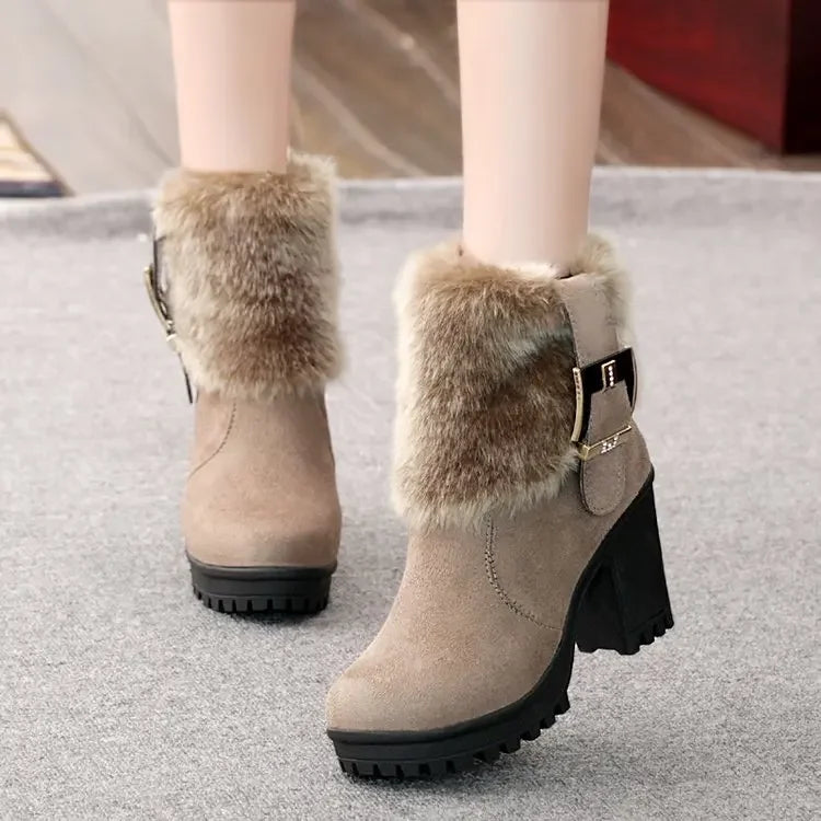 Square heel women winter shoes classic buckle warm fur snow ladies boots high heels black platform ankle boots women botas 362