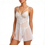White Daisy Floral Lace Sheer Mesh Babydoll Lingerie Set Slip Nightdress With Matching Thong Women Sexy Sleepwear ZA825096