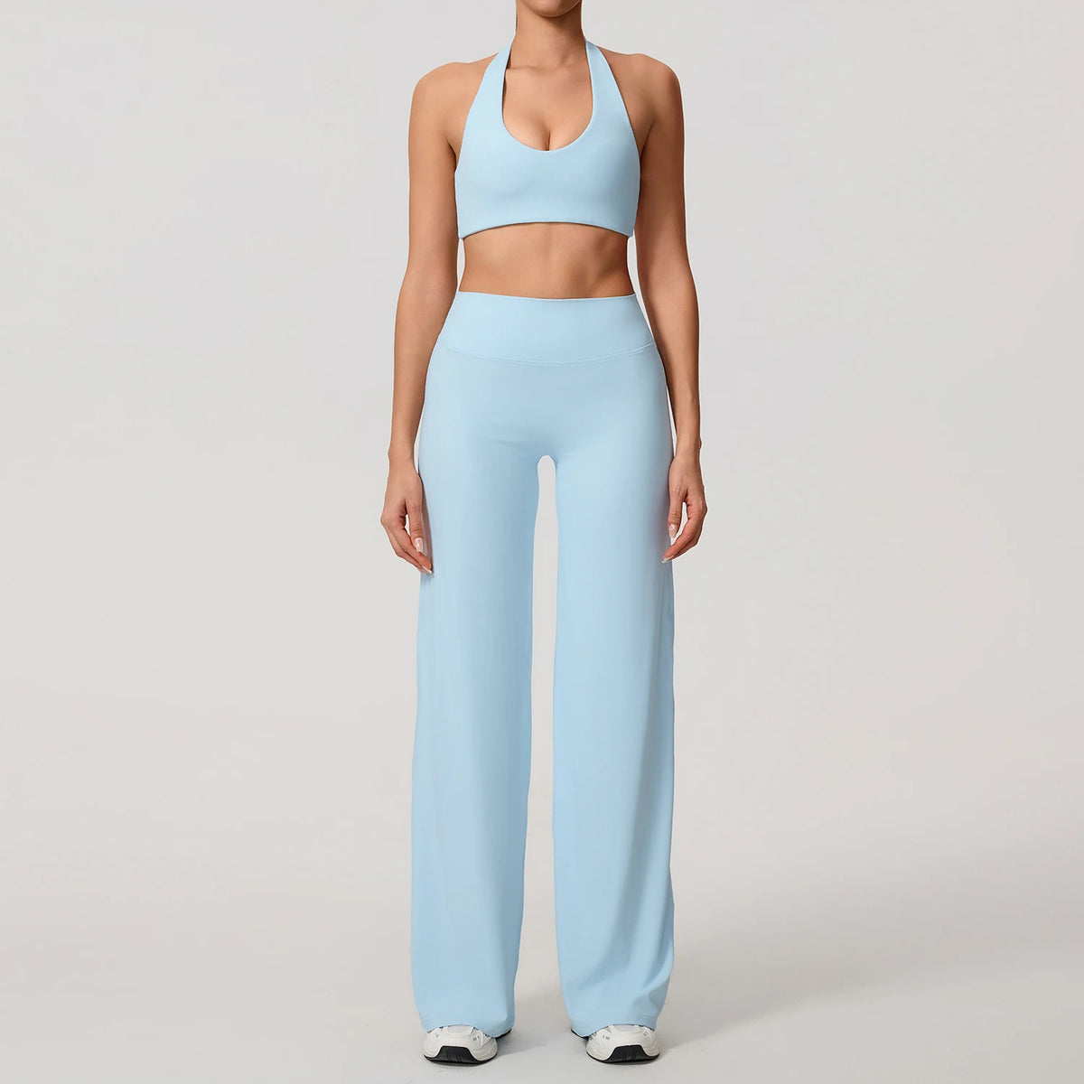 Hearuisavy Summer Yoga Set 2Pcs Women Breathable Backless Halter-Neck Sports Bra Push Up Pilates Fitness Top Straight Leg Pants