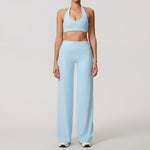Hearuisavy Summer Yoga Set 2Pcs Women Breathable Backless Halter-Neck Sports Bra Push Up Pilates Fitness Top Straight Leg Pants