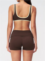 Tight Color Contrast Yoga Suit 2 Pieces Women V Neck Sports Bra Pleate High Waist Shorts Gym Running Fitness Suits Tracksuit