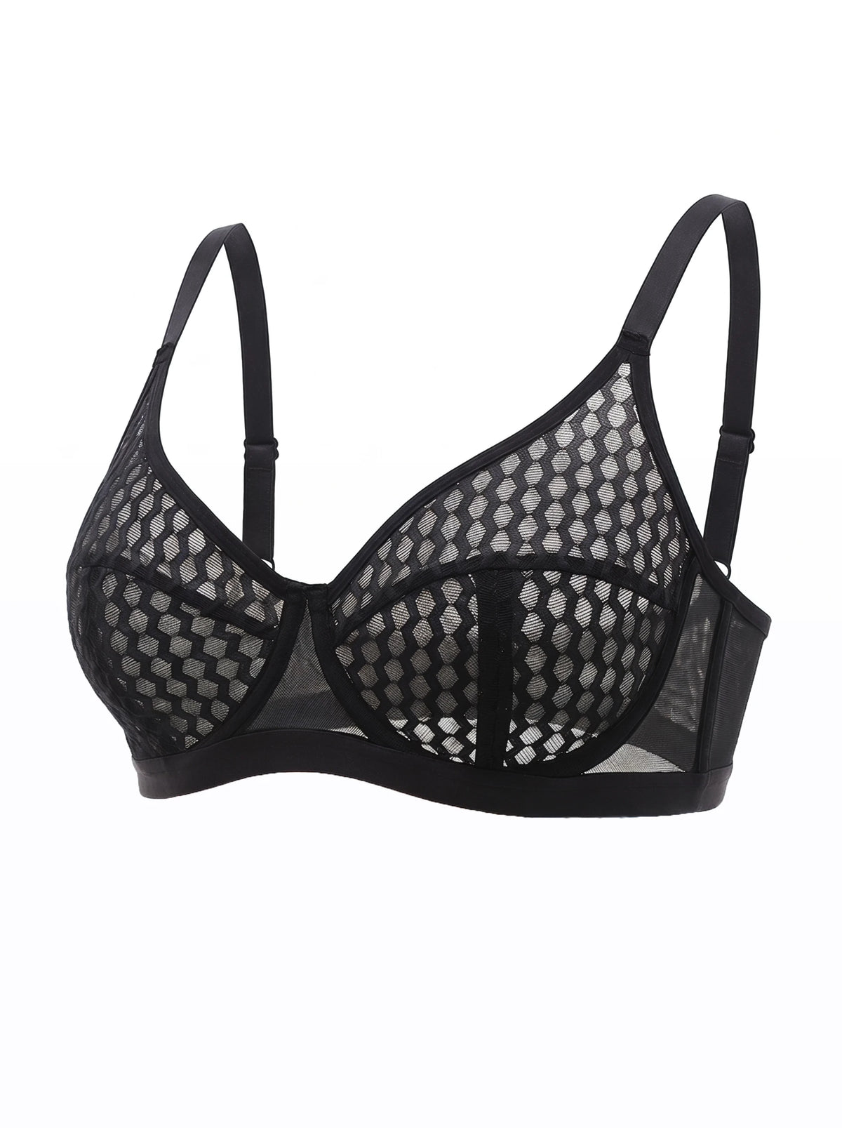 Women Black Mesh Bra Unlined Lightweight Air Flow Breathable Sexy Lace Underwire Balconette Lingerie with Sheer Cup YS2814