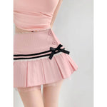 Striped Contrasting Color Bow Lace Splicing Pleated Skirt Women 2026 Summer American Style Low WaistA-line Short Skirt UBFK