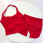 2 Pieces Sports Set Women Backless Halter Tops High Waist Seamless Hight Stretch Shorts Gym Suit Sportswear Workout Sets