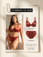 Plus Size Satin Lingerie Set Women Burnt Copper Unlined Underwire Bra and Panty Set Sexy Shiny Vacation Intimates set MR3610