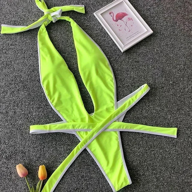 2025 Deep V Female Halter Swimwear One Piece Swimsuit Women Backless Monokini High Cut Wrap Around Bathing Suit Swim Bodysuit