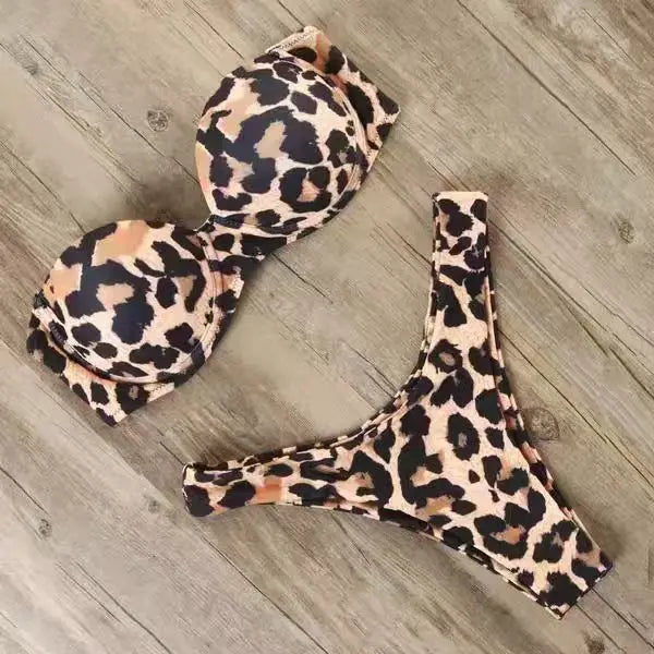 Leopard Ruffled Bra Cup Bikini 2025 Women Bandeau Swimsuit Female Swimwear Two Pieces Bikini Set Push Up Bathing Suit Swim Lady