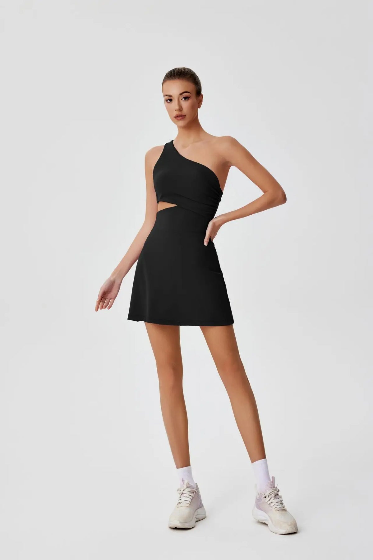 Sexy Hollow Waist Tennis Dress Women One Shoulder Pleate Sleeveless Built in Bra with Inner Separate Shorts Yoga Golf Dresses