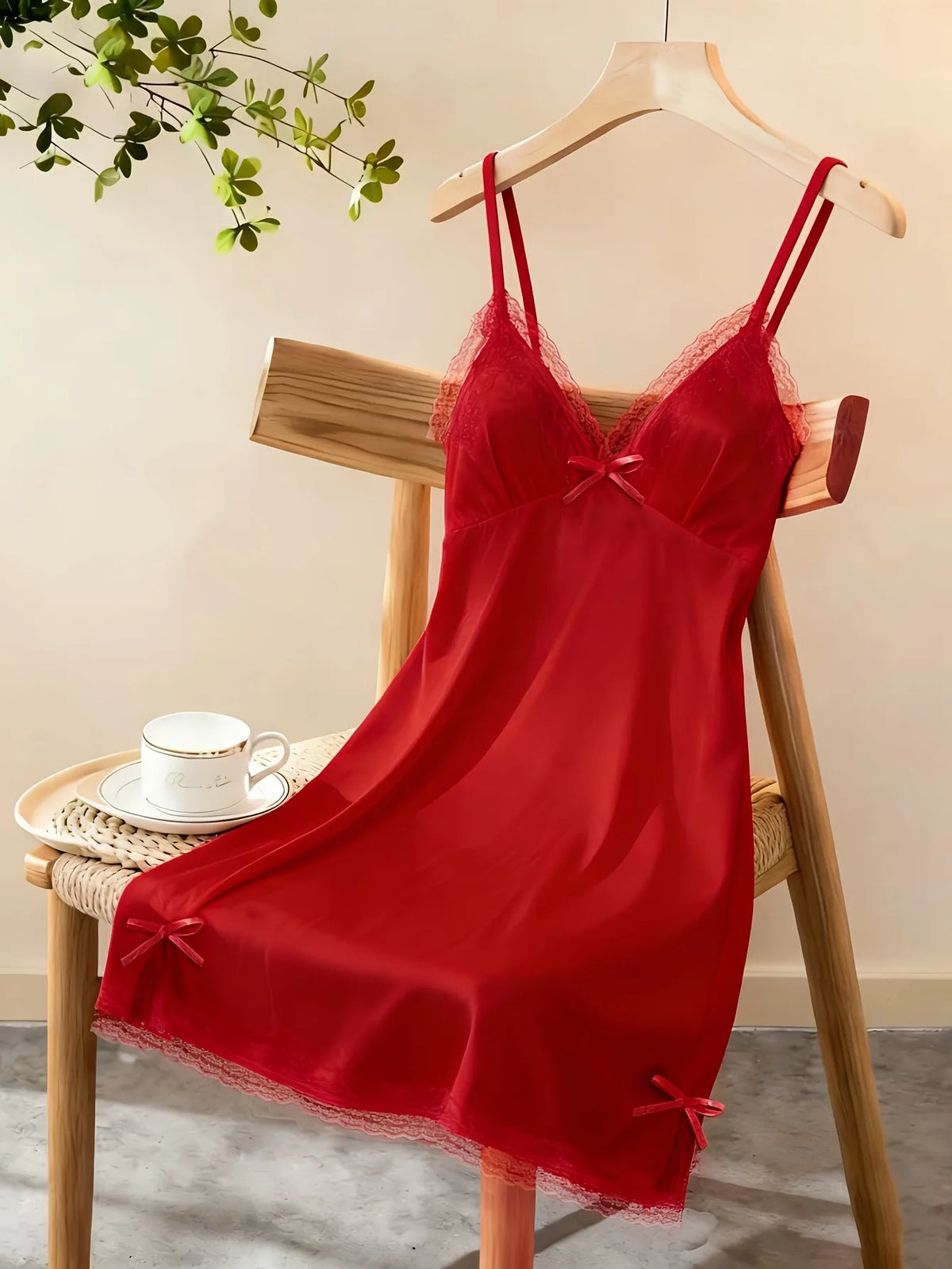 Women Satin Nightdress Lace Trim Slip Dress Spaghetti Strap Silky Nightgown Elegant Sleepwear Home Lingerie