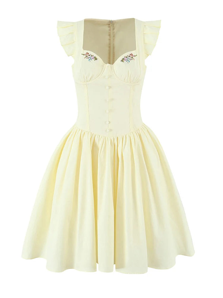 Floral Embroidery Cotton Summer Women's Dress Sleeveless Buttons Decor Short Mini Dress Elegant Yellow A-line New in Dress 2025