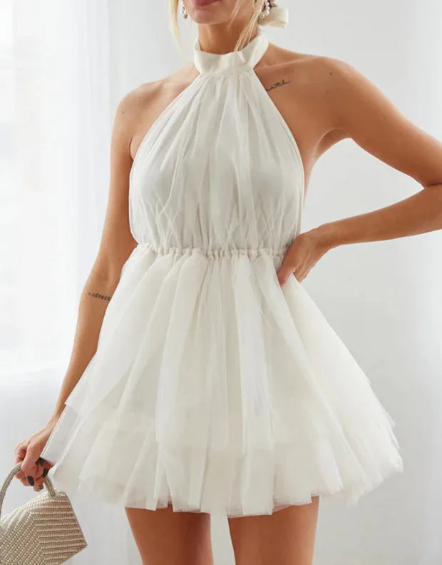 Solid Color Mesh Halter Neck Dresses Women Sexy Backless Leace-up Sleeveless Mini Dress Trendy Elegant Lady Vestidos Summer New