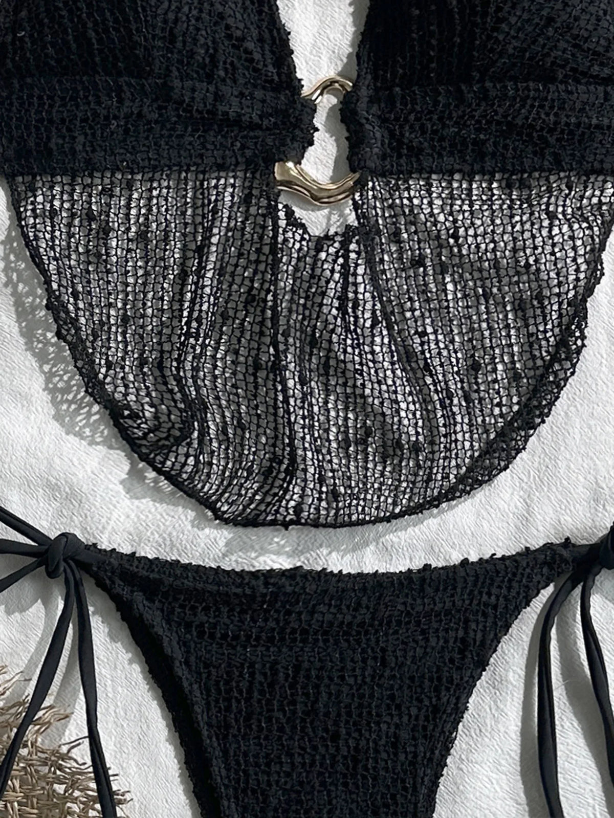 Sexy Black Mesh Draped Neckline Bikini Set 2026 Women Metal Circle Push Up Bra Triangle Swimsuit Bathing Suit Holiday Swimwear