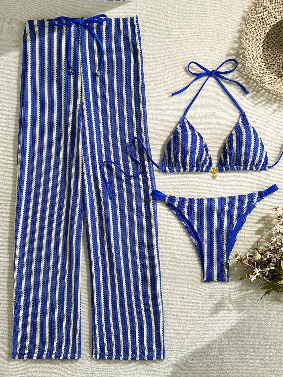 DEKA Vintage Red Striped Bikini Set Women Thong Swimwear Drawstring Long Panties 3 Piece Swimsuit Beach Holiday Bathing Suit