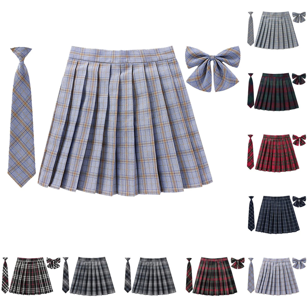 Women Summer Plaid Pleated Skirt With Necktie Bowtie Korean Jk Skirt Student Uniform Japanese School Preppy A Line Mini Skirts
