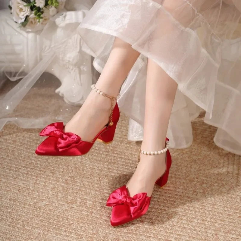 2026 New Pointed Toe Pearl French Heels Block Heel Bow Single Shoes Red Wedding Shoes