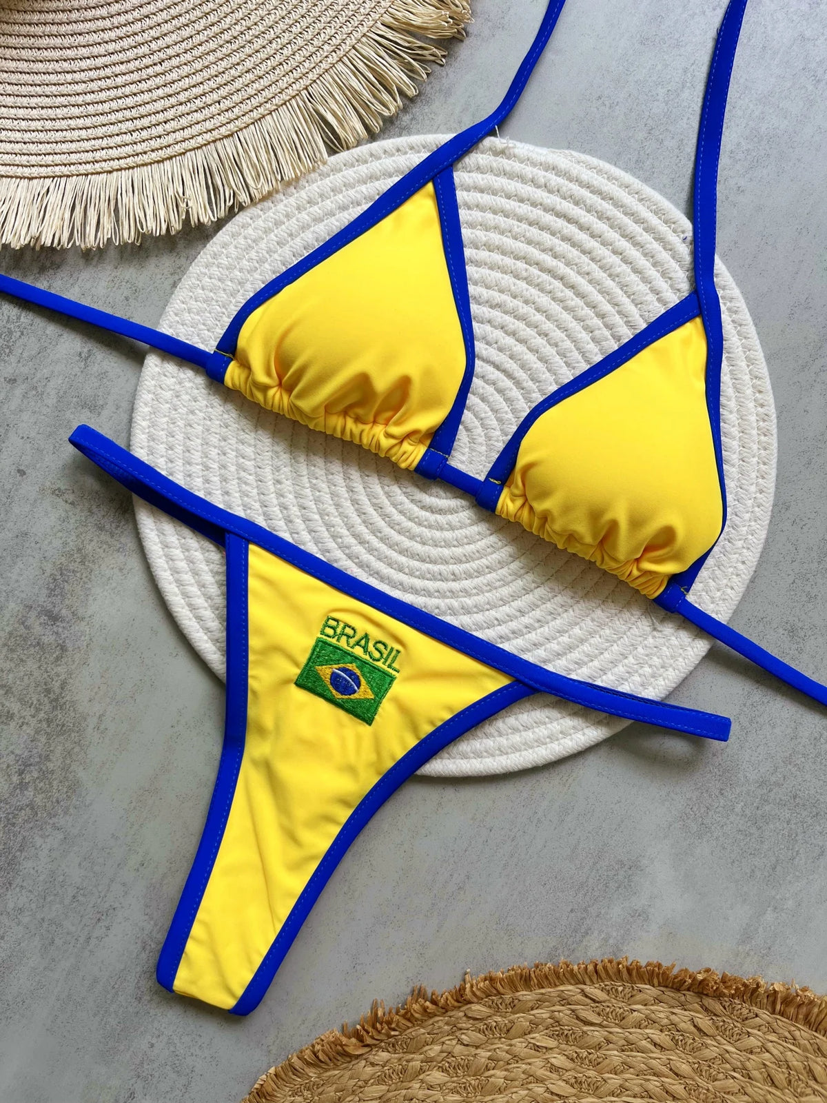 Solid color sexy embroidered Brazilian flag bikini set, women's swimsuit 2-piece set, summer beach bikini