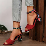 Women 2026Summer Shoes Sqaure High Sandals Vintage Flower Print Open Toe High Heels Woman Casual Buckle Ankle Strap Sandalse