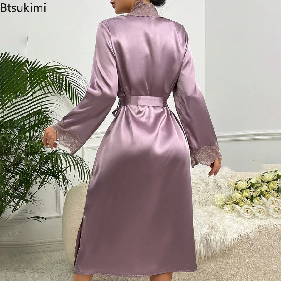 Silk Satin Nightdress for Women Night Robe Sexy Lingerie Soft Sleepwear Smooth Lace Robe Dress Nightgown Bathrobe Ladies Pajamas