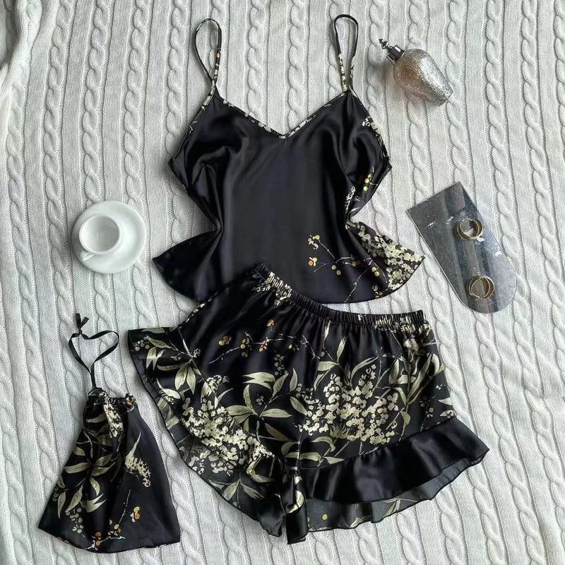 Elegant Floral Print Cami Tops Ruffle Hem Shorts Pajama SetWomen's Sleepwear Loungewear