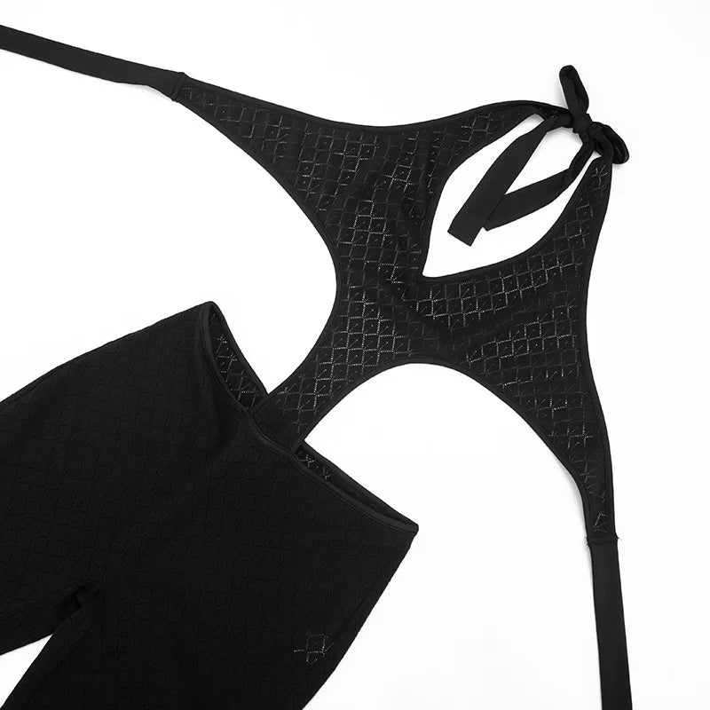 Sexy hot girl solid color see-through slim fit knitted deep V jumpsuit