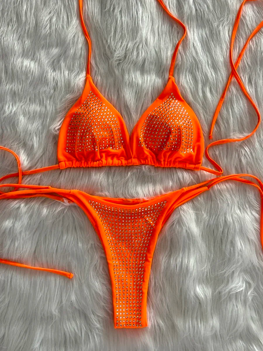Shiny Sequins Wrap Around Jewelled Bikini Women Swimwear Female Swimsuit Two-pieces Bikini Set Halter Bathing Suit Swim Trend
