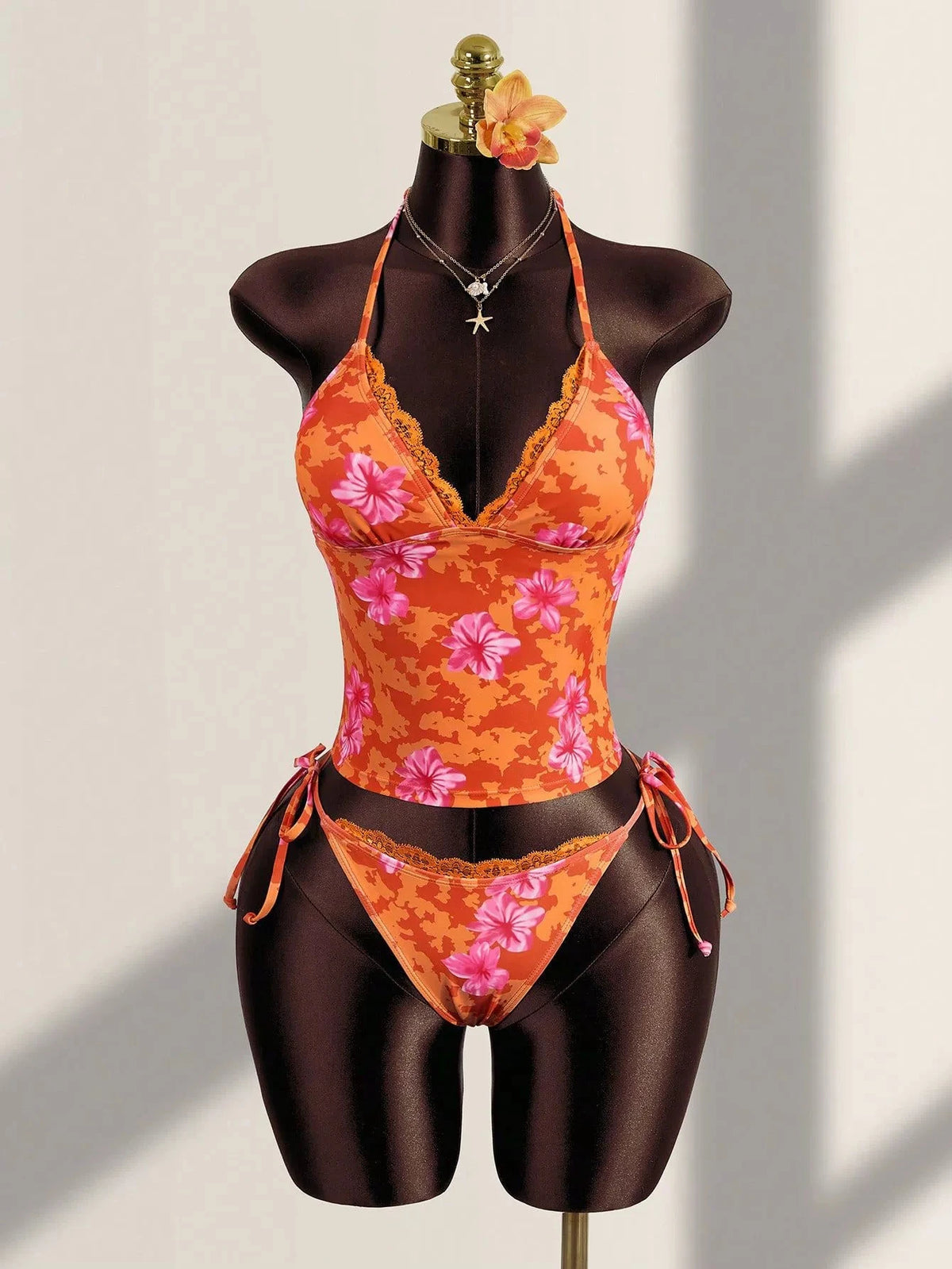 DEKA Women Strapped Print Swimwears Lace-up Bikini Set Halter V Neck Front Tie Cami Top Swim Lady Bathing Suit