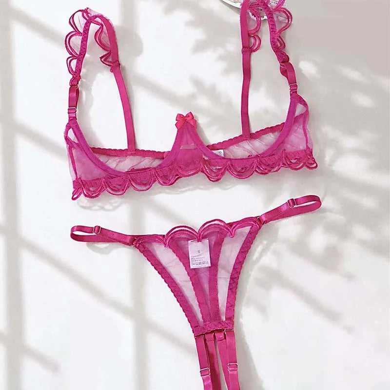 Sexy Women Bra Set Rose Red Mesh Lingerie Three-point Intimate Underwear Bow Underwire Bralette Crotchless Thong Lingerie Set