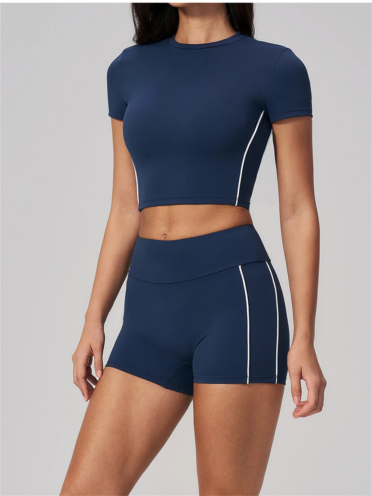 Color Contrast Yoga Suit Women Short Sleeve O Neck Sports T Shirts Tracksuit Outwear High Waist Shorts Gym Running Fitness Suits
