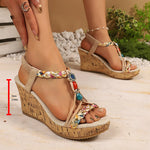 Plus Size 43 Chunky Wedges Bohemian Sandals Women 2026 Summer Beads Non Slip Platform Sandles Woman Elastic Band Rome Sandalias