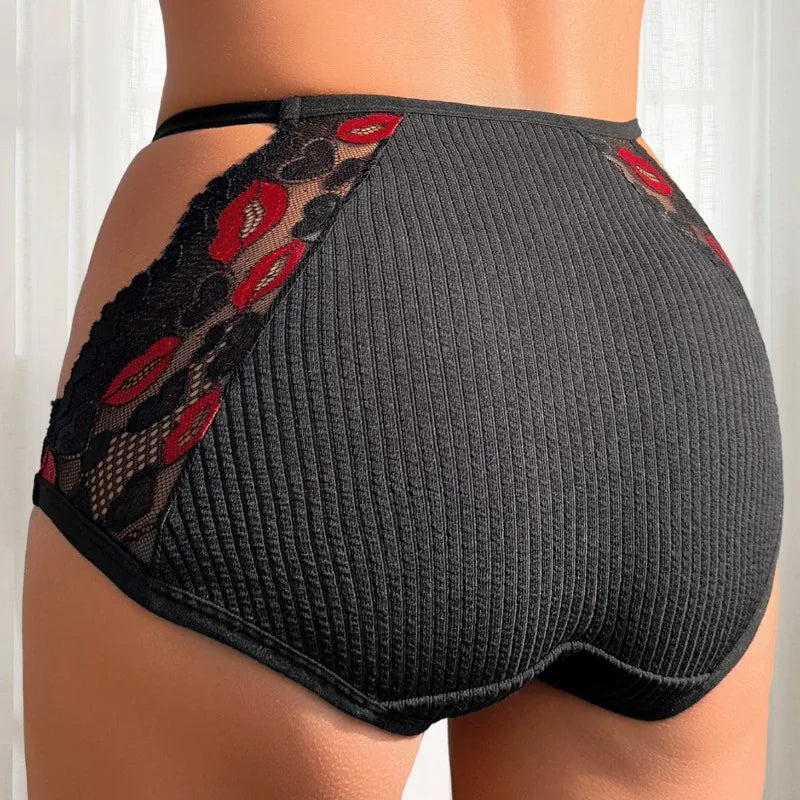 Hot Selling Women High Waist Lace Panties Premium Lip Print Soft Seamless Briefs Breathable Comfortable Sexy Intimate Underwear