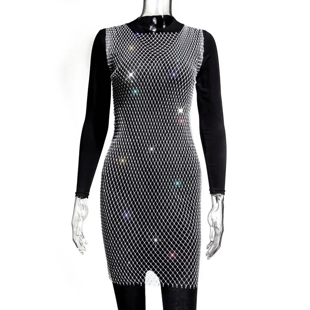 XS-2XL 15 Colors Rhinestones Fishnet Dress O-Neck Grid Swimsuit Bikini Cover Up Beach Pool Party Cover-ups for Swimwear Women