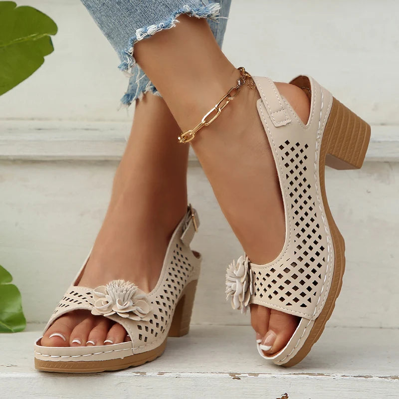 Fashion Flowers High Heels Sandals Women Back Strap Hollow Out Summer Sandles Woman 2025 Plus Size Thick Heeled Sandalias Mujer