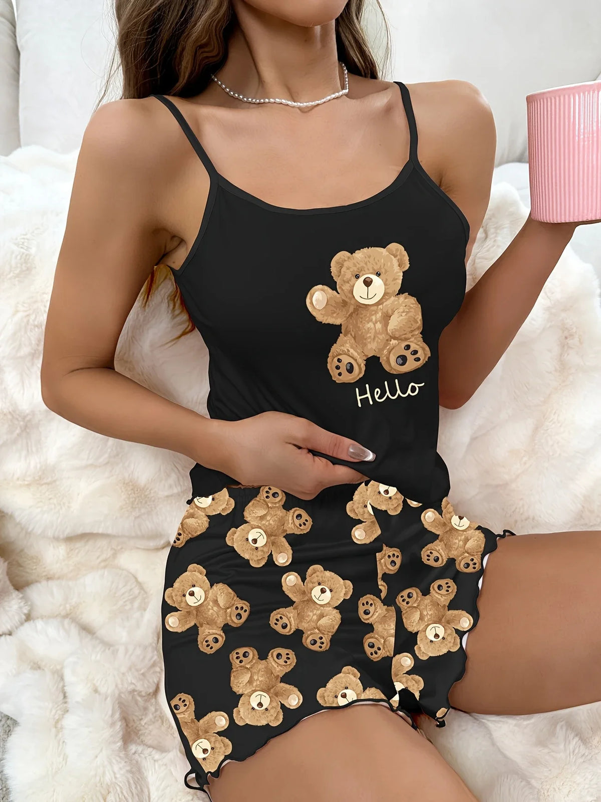 Comfortable Relaxed Fit Pajama Set for Women's Sleepwear Round Neck Backless Cami Top & Shorts with Heart Print Shorts