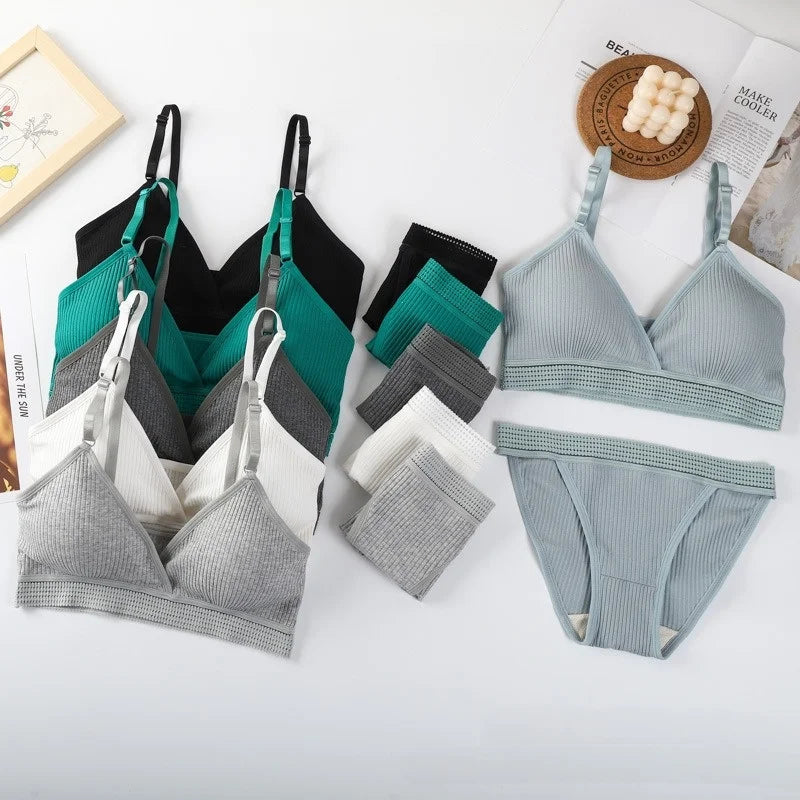 Women Sexy V-neck Padded Bra Lingerie Set Push-Up Bras Low Rise Briefs Non-wire Bralette Brazilian Panties Female Underwear Set