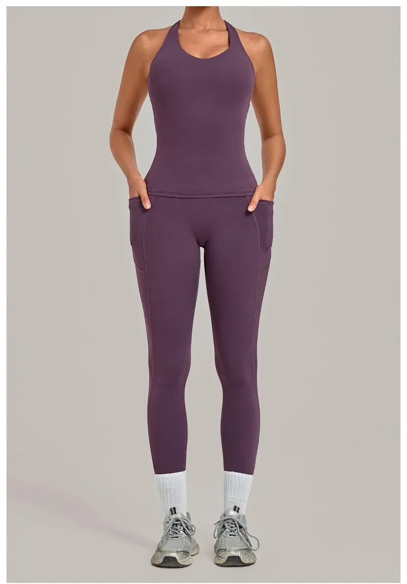Women's Seamless Yoga Sets Sports Fitness Hip-lifting High Waist Pant Sleeveless Backless Suits Workout Running Leggings Sets