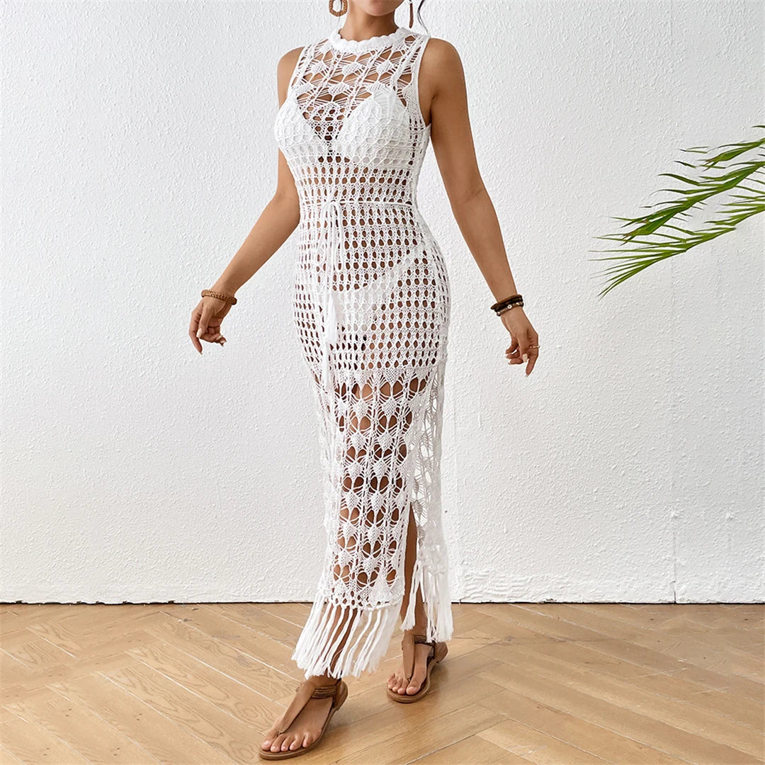 S - XL New Fringe Tassel Hollow Out Crochet Knitted Tunic Beach Dress Beach Wear Beachwear Beach Cover Up Cover-upsFemale V5605