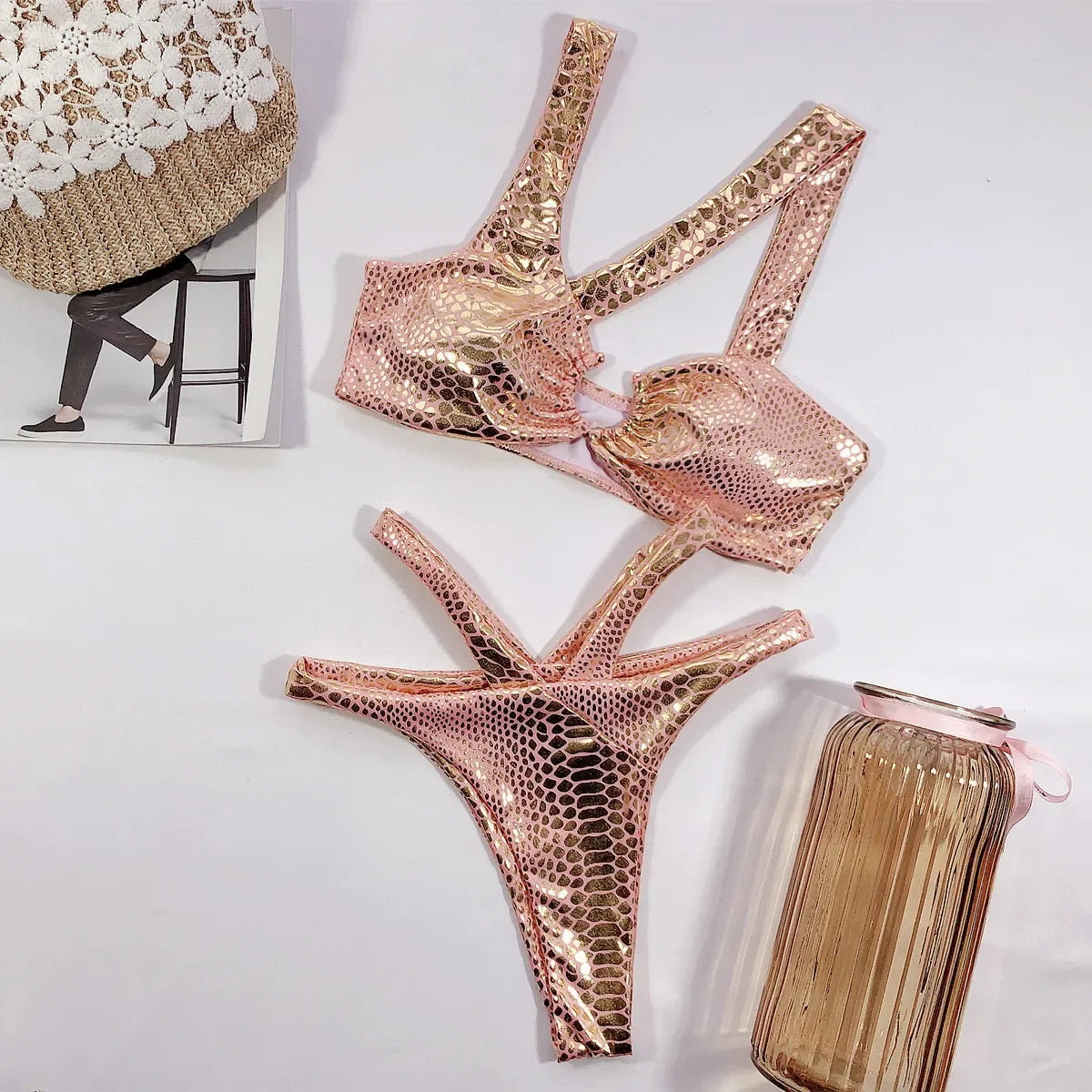 Bikini 2026 Sexy Bronzing Snakeskin Hollow Swimwear Swimsuit Women Bikinis Set Bathing Suit Beach Bikini Luxe Female Metal Ring