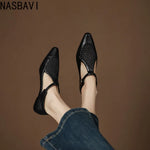 New Design Women T-Strap Sandals Square Toe Flats Buckle Breathable Mesh Casual Soft Leather Daily OL Shoes Plus Size 41 42 43