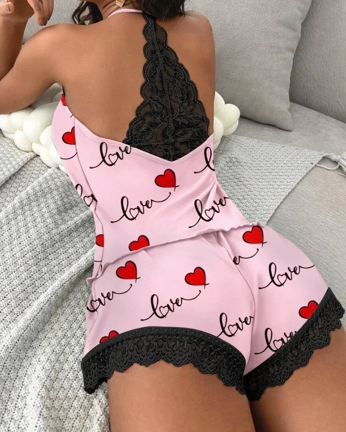 Women's Casual Pajamas Set Summer Sleepwear 2 Pieces Sleeveless V-Neck Heart Print Cami Tops and Shorts Set Loungewear