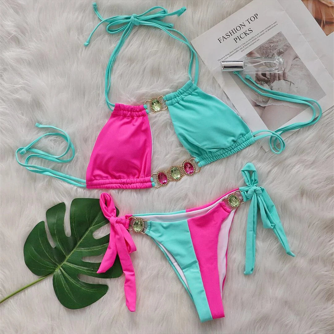 8 Colors Diamond Rhinestones Splicing Bikini Women Swimwear Female Swimsuit Two-Pieces Bikini Set Bather Bathing Suit Swim V5132