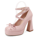 Big Size 45 Women's Sweet Pink Mary Jane 10.5cm High Heels Pumps Lolita Round Toe Bow Cross-Strap Platform Chunky Heel Shoes