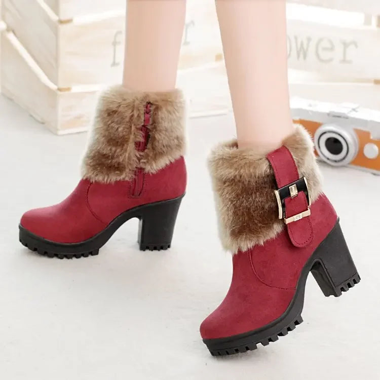 Square heel women winter shoes classic buckle warm fur snow ladies boots high heels black platform ankle boots women botas 362