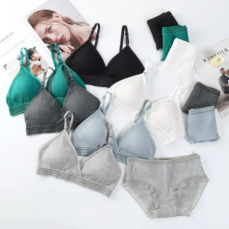 Women Padded Bra And Panties Set Low Waist Briefs Wire Free Bra Female Solid Color Underwear Sexy Lingerie Set One Size