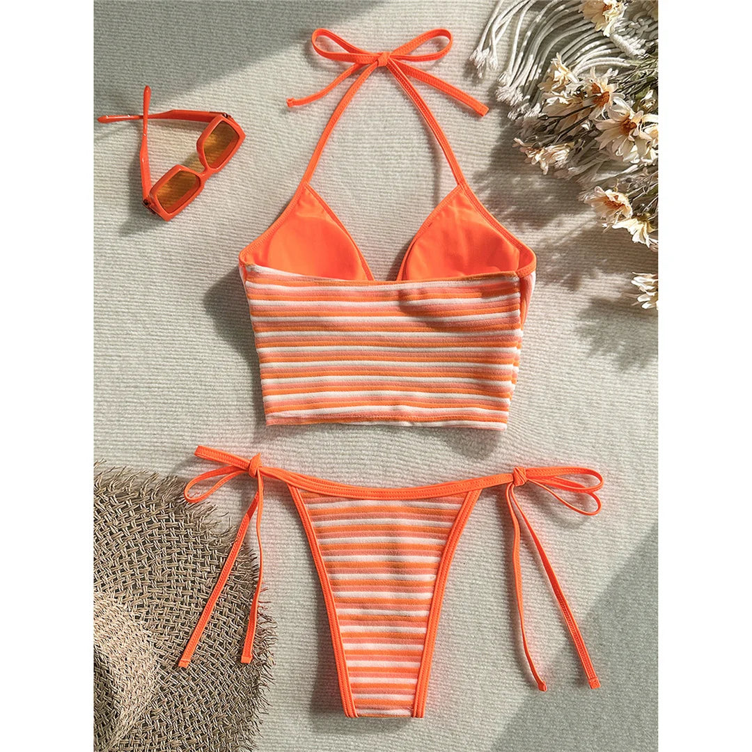 Striped Halter Tankini V Neck Bikini Women Swimwear Female Swimsuit Two-Pieces Bikini Set Padded Bather Bathing Suit Swim V8385